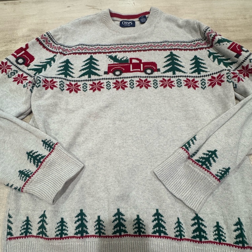 Chaps Men's Cream Holiday Sweater with Red Truck and Green Trees Large